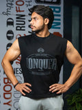 Sleeveless black gym shirt with 'Conquer' print worn by man in fitness center