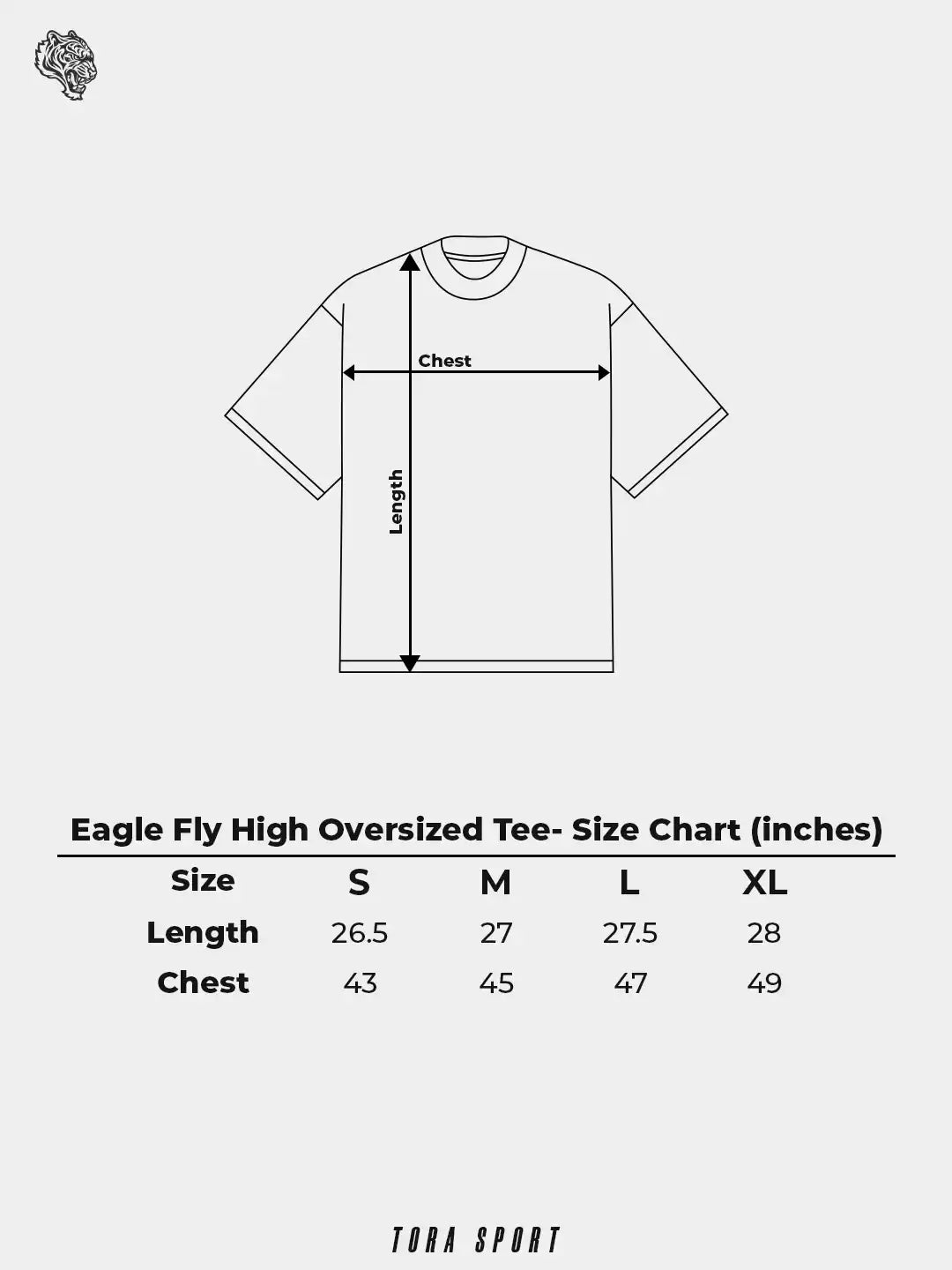 Eagle Fly High oversized tee size chart with t-shirt outline and chest, length measurements in inches.